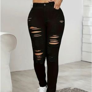 High Rise Distressed High Stretchy Skinny Jeans, High Waist Black Ripped Denim